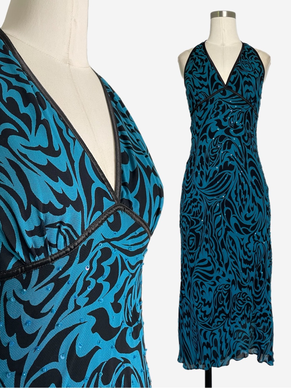 Vintage Y2K Eva Blue Black blue abstract halter sequined midi slip dress XS/S